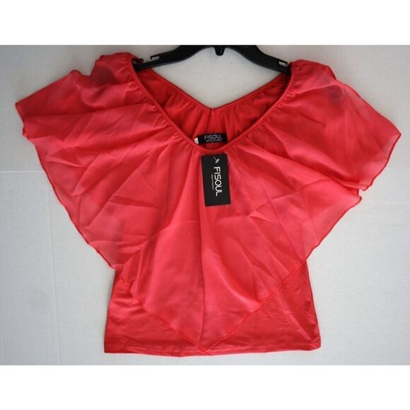FISOUL Women's Sz Small Pink Ruffle V-Neck Flounce Chiffon Top Blouse - Picture 6 of 7